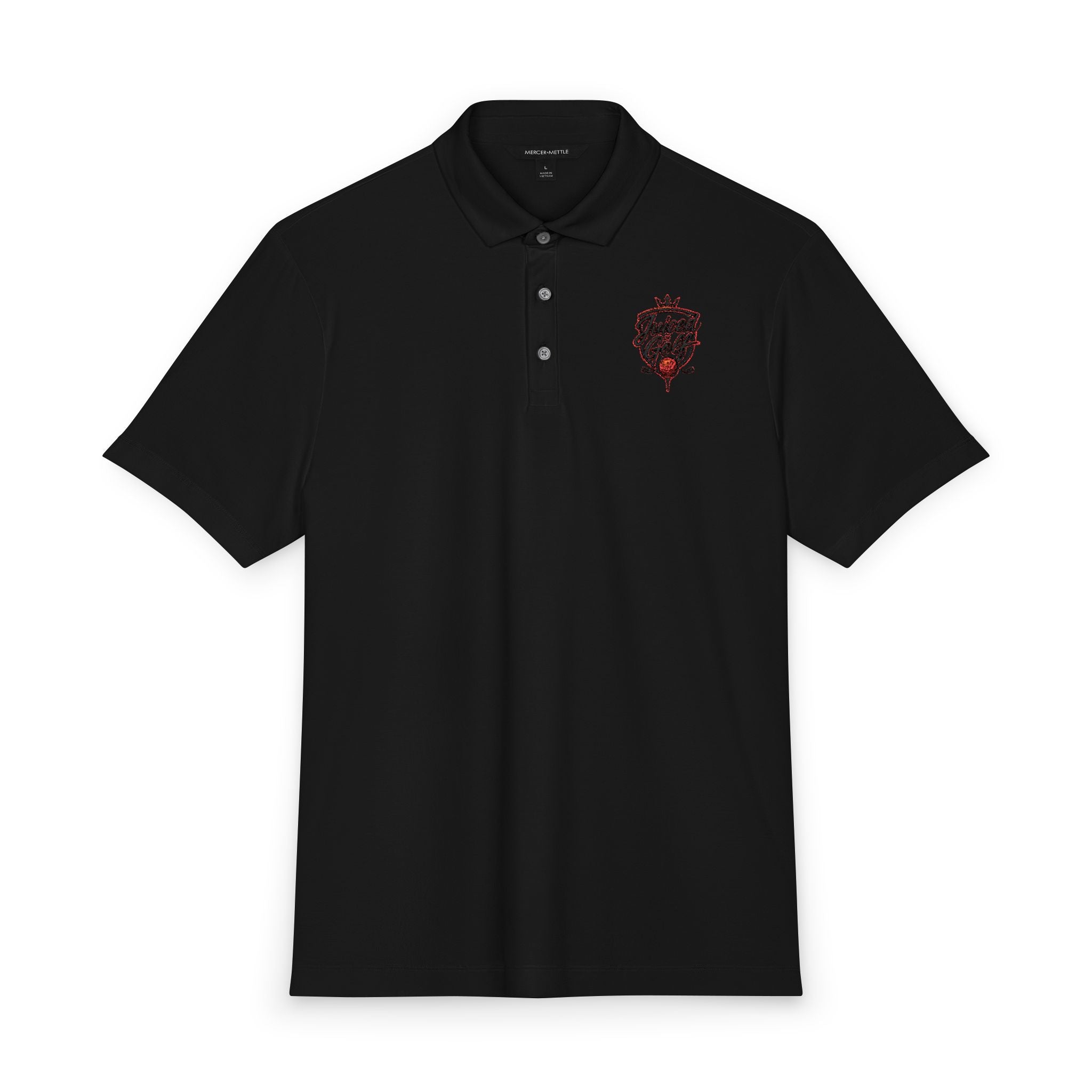 Juiced Golf Men's Stretch Polo — Red & Black Crest Performance Shirt